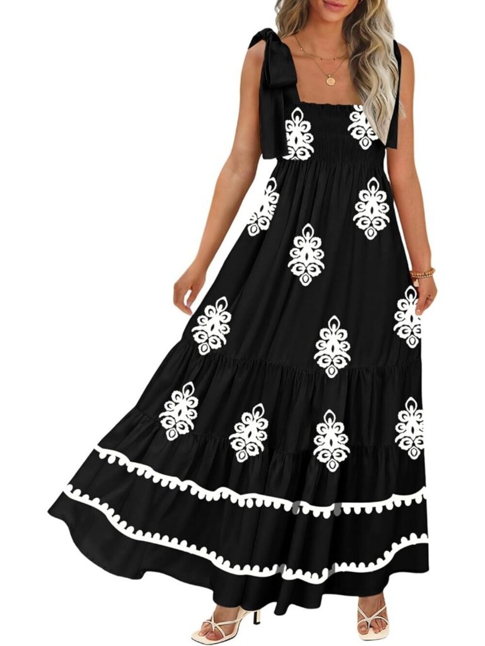 Women's Floral Black White Spaghetti Straps Flowy Casual Long A-line Maxi Dress